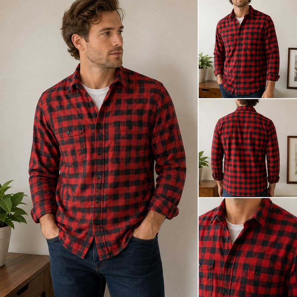 Vintage 1990s J.Crew Men's XS Red Black Buffalo Plaid Flannel Shirt Cabincore